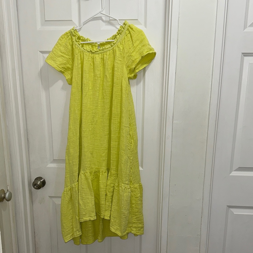Maeve Yellow Short Sleeve Ruffle Collar High Low Hem Dress